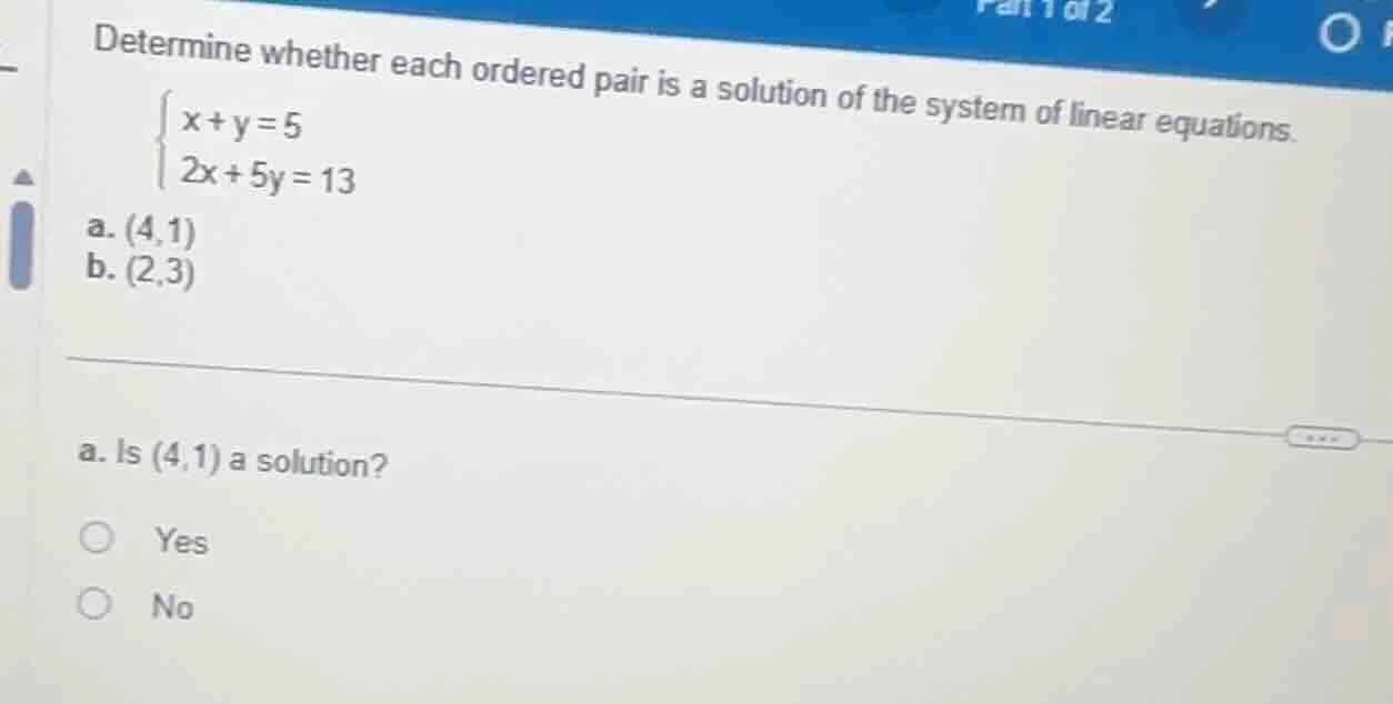 determine whether each ordered pair is a solution of the system of line…