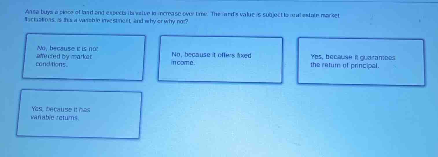anna buys a piece of land and expects its value to increase over time. …