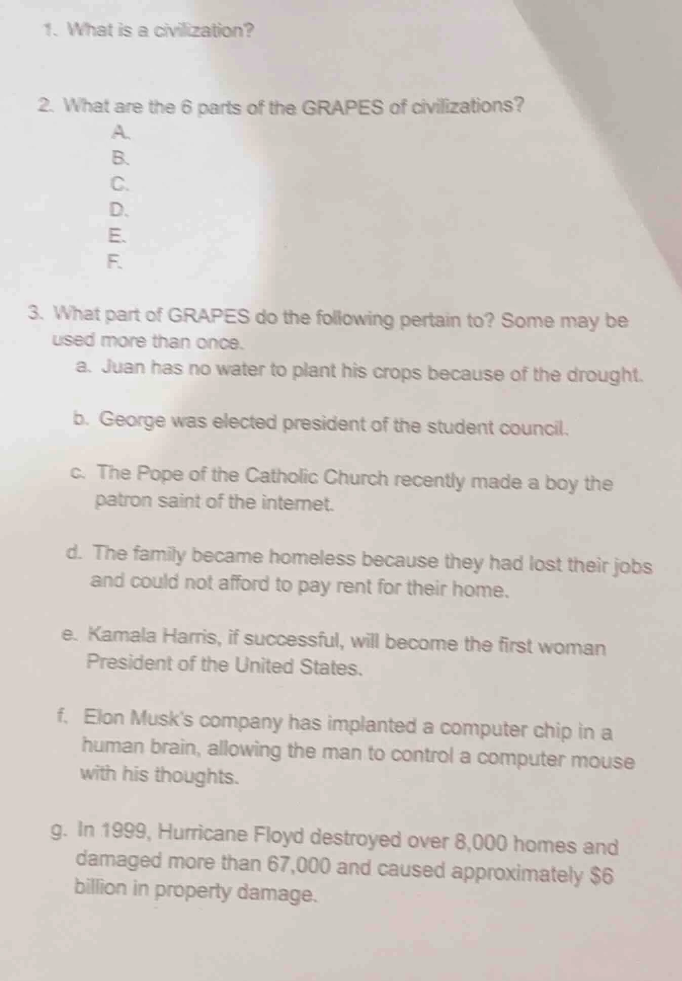 1. what is a civilization?2. what are the 6 parts of the grapes of civi…