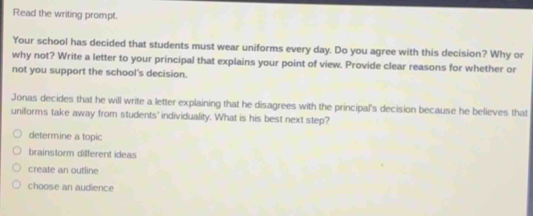 read the writing prompt. your school has decided that students must wea…