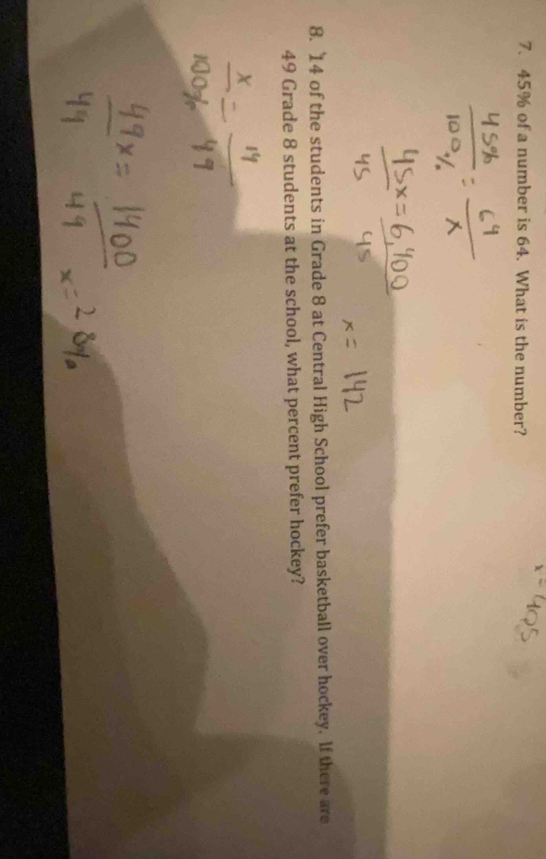 7. 45% of a number is 64. what is the number?$\frac{45%}{100%}=\frac{64…