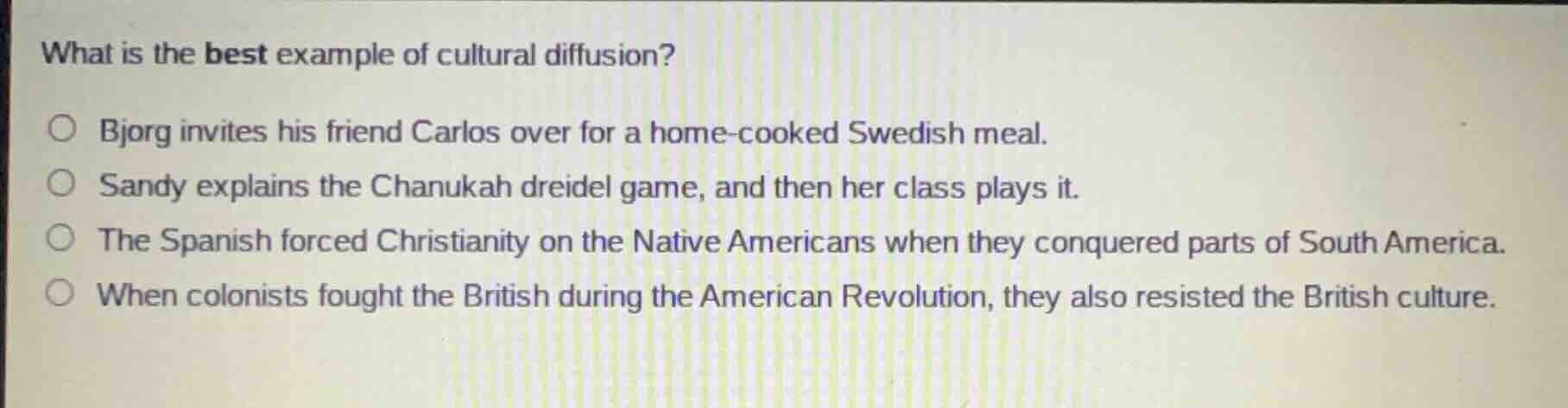 what is the best example of cultural diffusion? bjorg invites his frien…