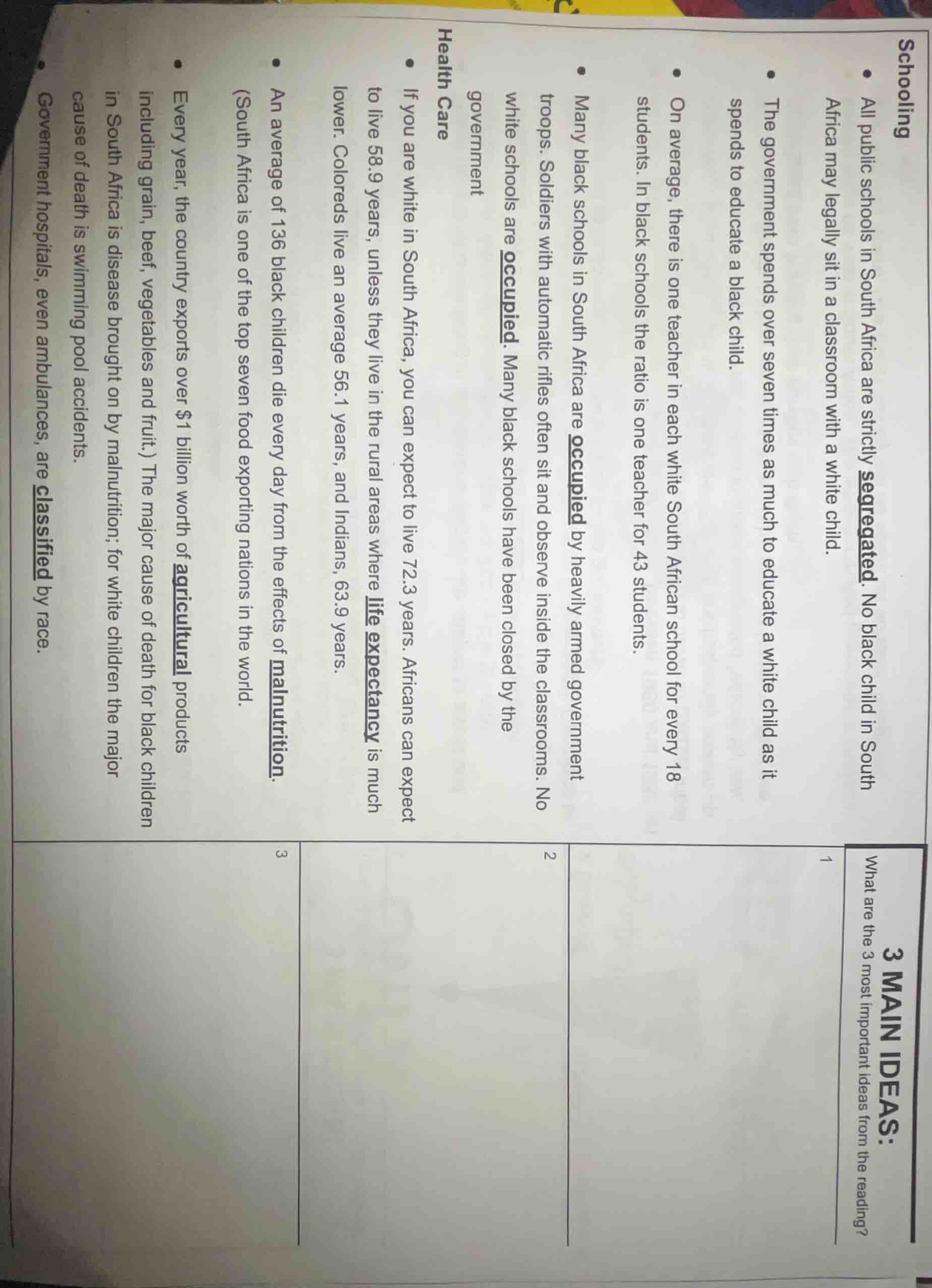 3 main ideas: what are the 3 most important ideas from the reading? 1 s…