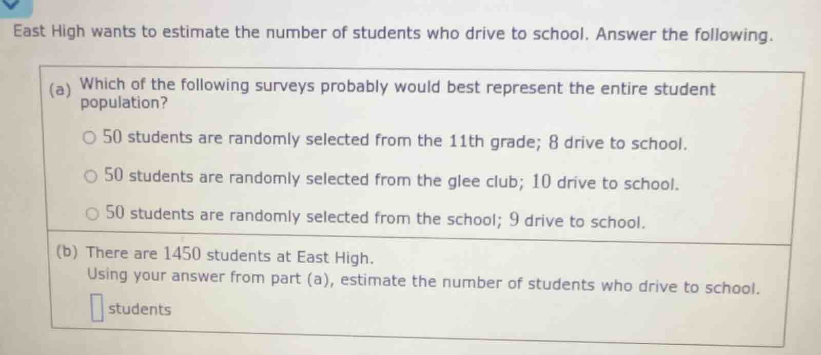 east high wants to estimate the number of students who drive to school.…