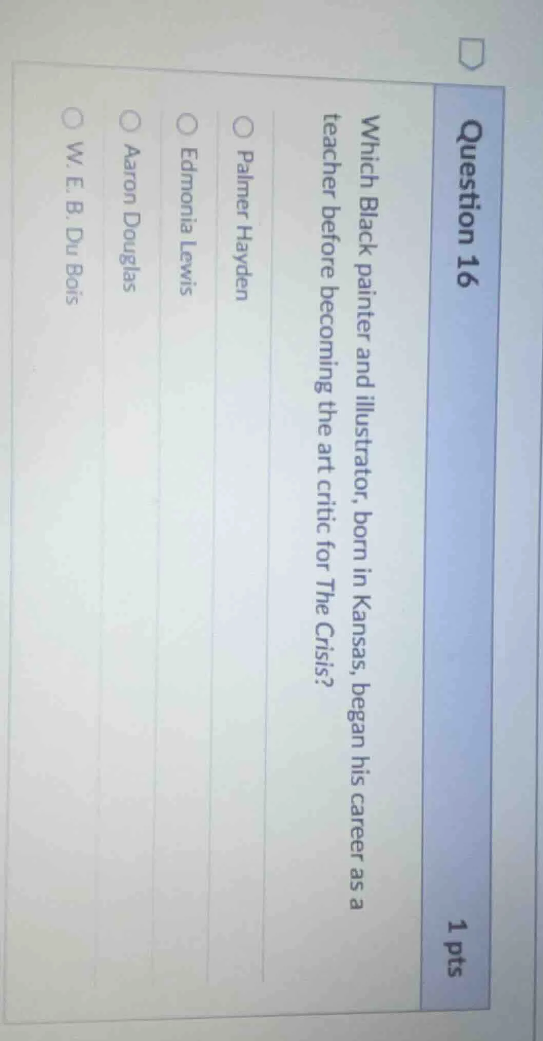 question 16 1 pts which black painter and illustrator, born in kansas, …