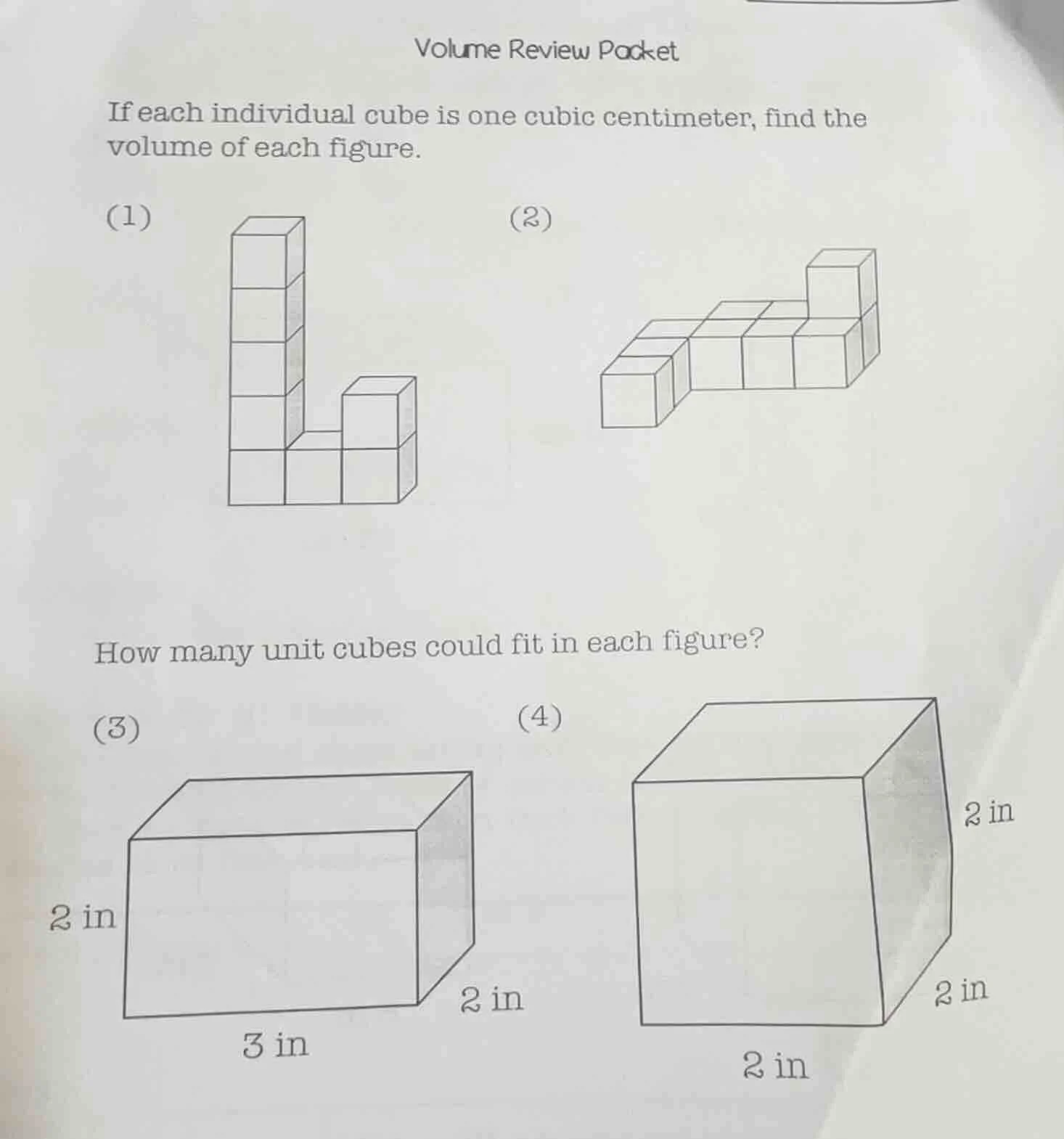 volume review packet if each individual cube is one cubic centimeter, f…