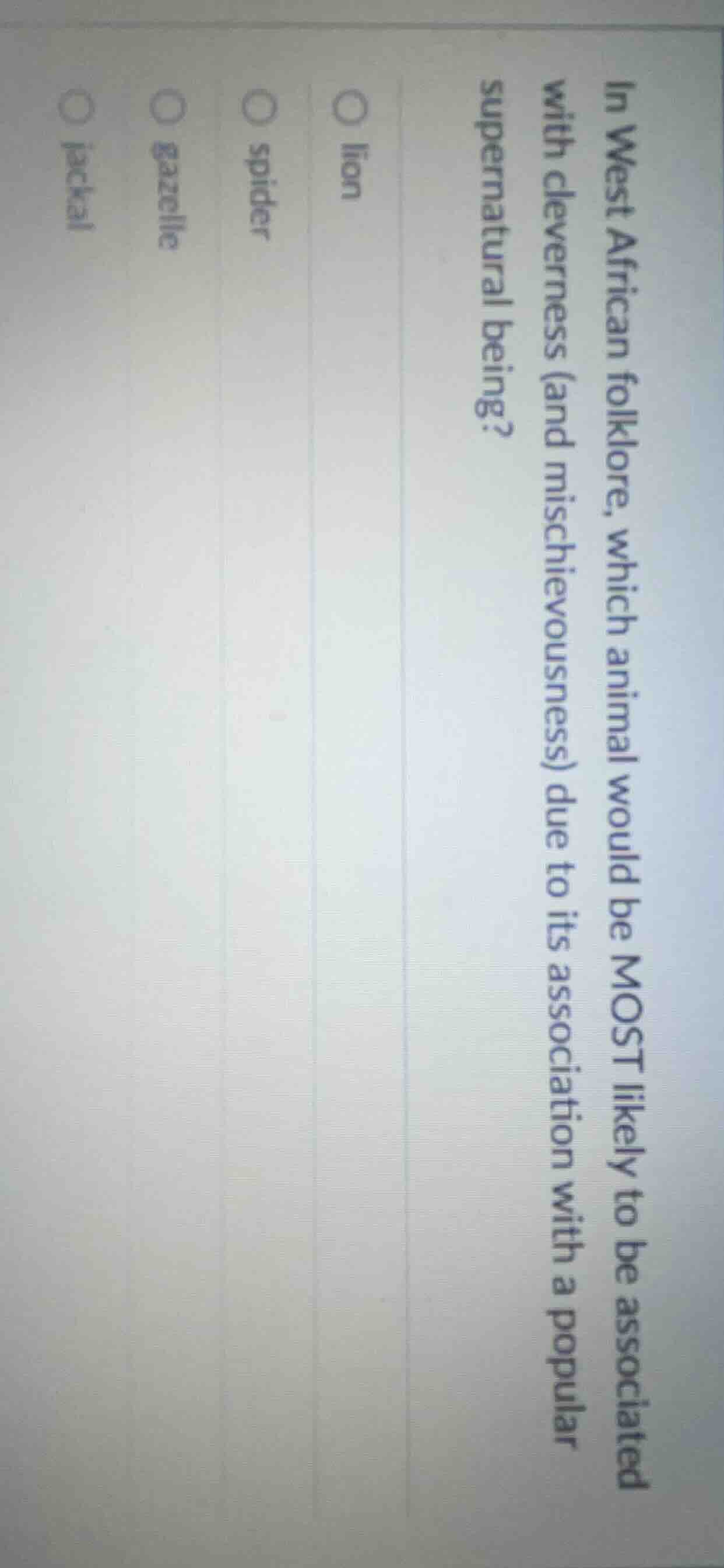 in west african folklore, which animal would be most likely to be assoc…