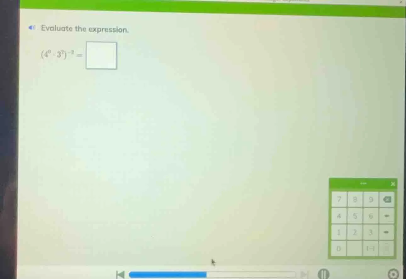 evaluate the expression. $(4^{0} \\cdot 3^{2})^{-2} = \\square$
