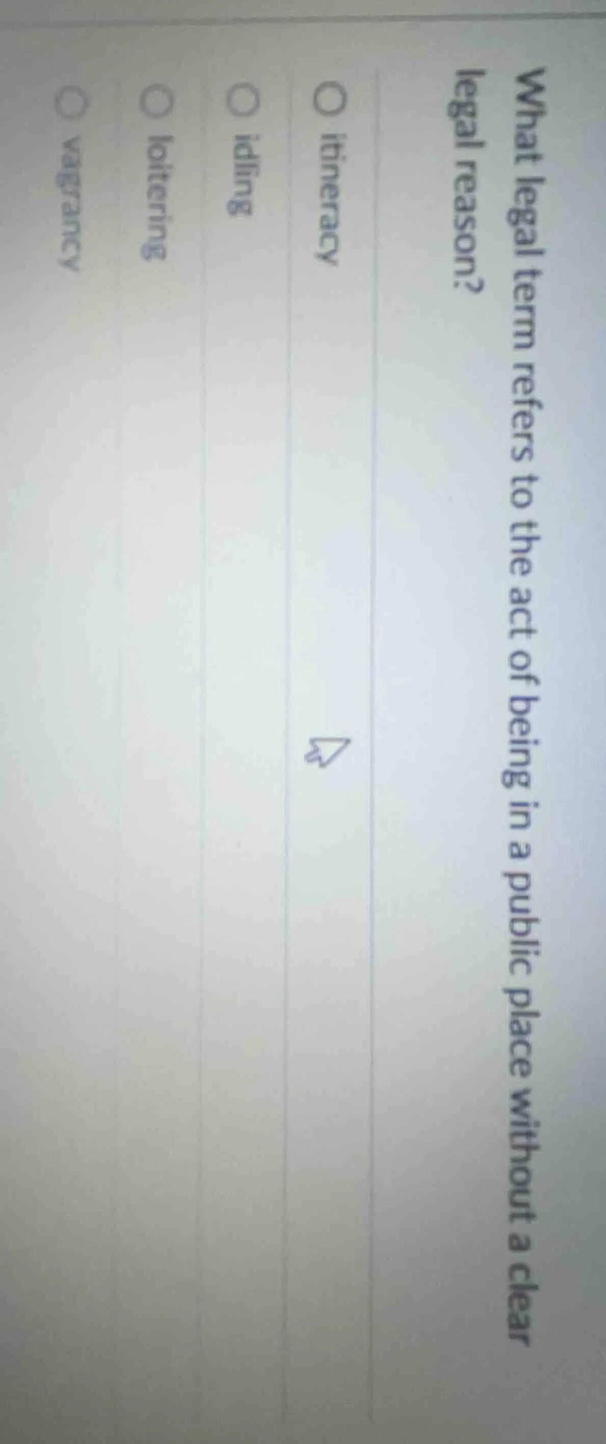 what legal term refers to the act of being in a public place without a …