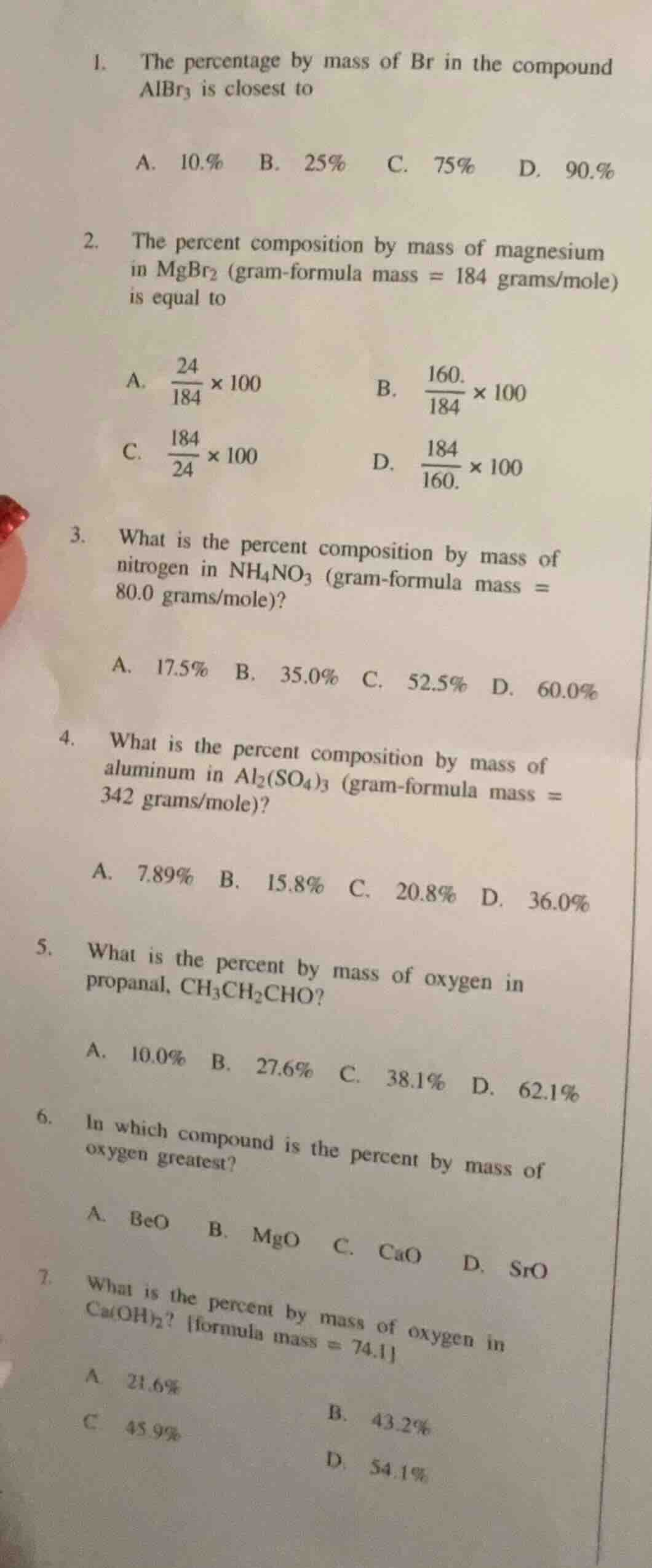 1. the percentage by mass of br in the compound $albr_3$ is closest to …