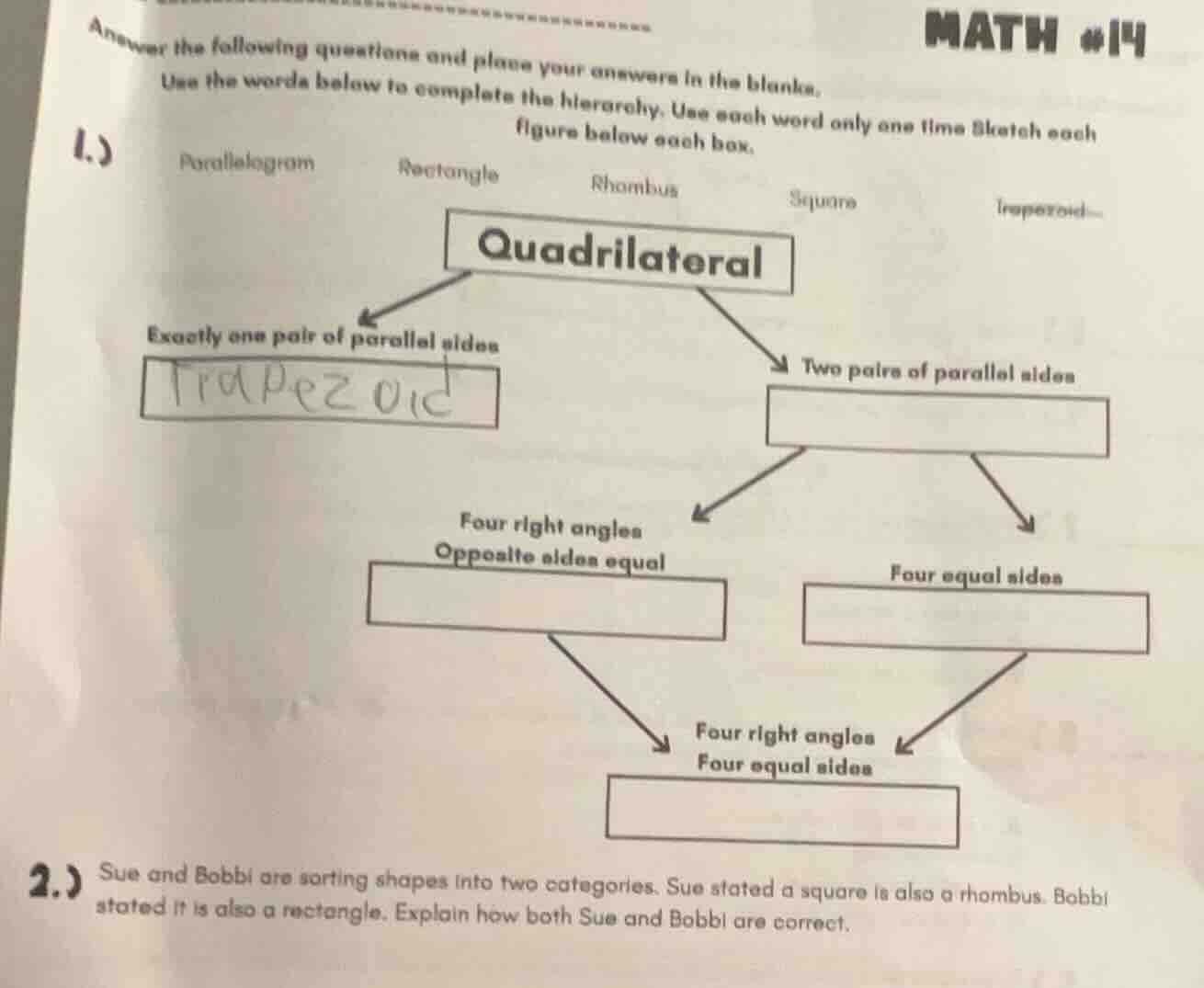 math #14 answer the following questions and place your answers in the b…