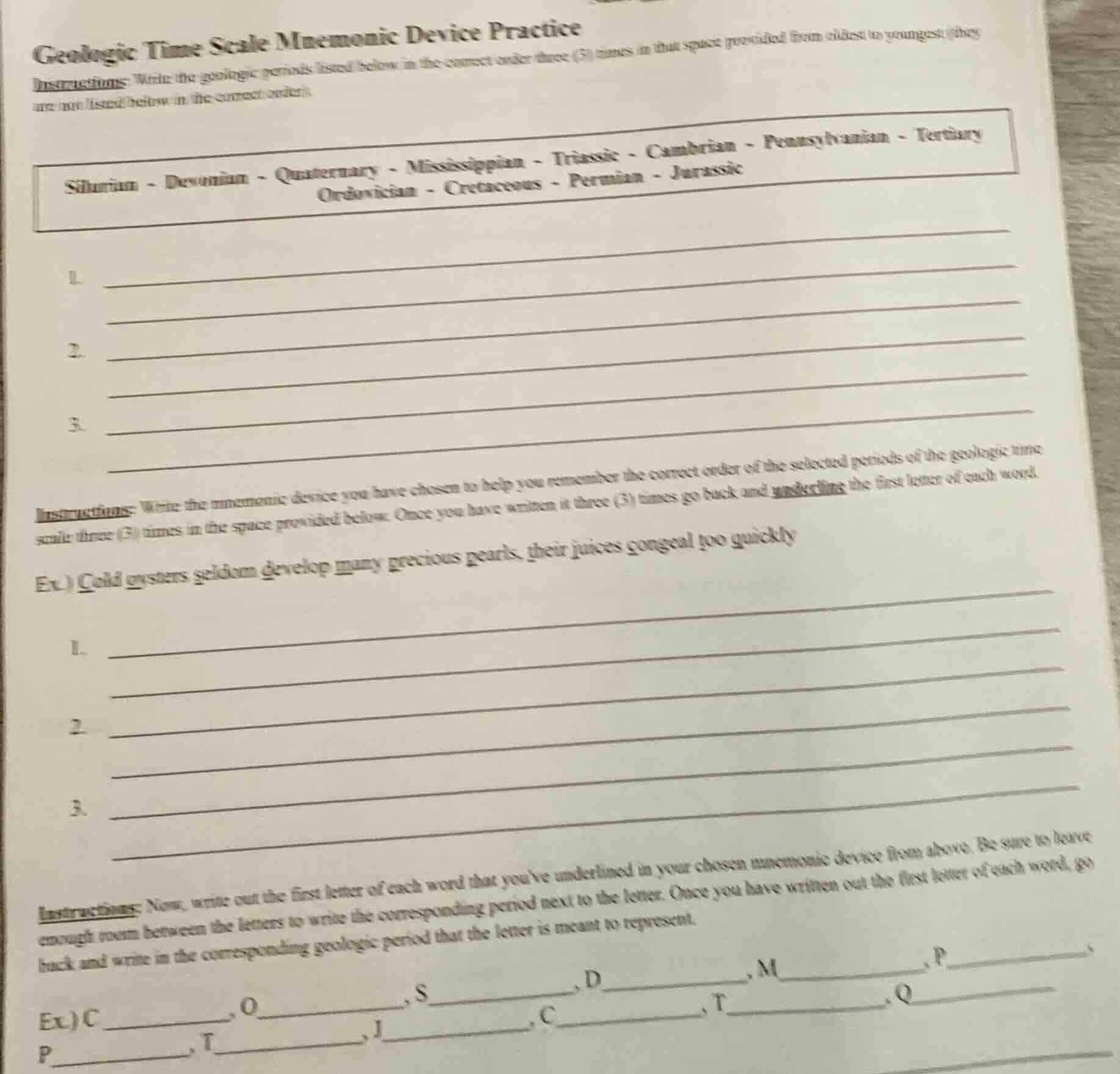 geologic time scale mnemonic device practiceinstructions: write the geo…