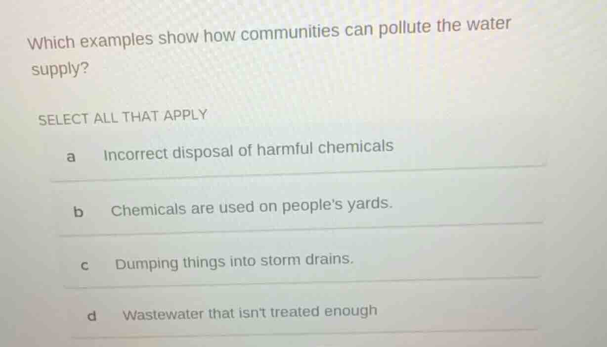 which examples show how communities can pollute the water supply? selec…