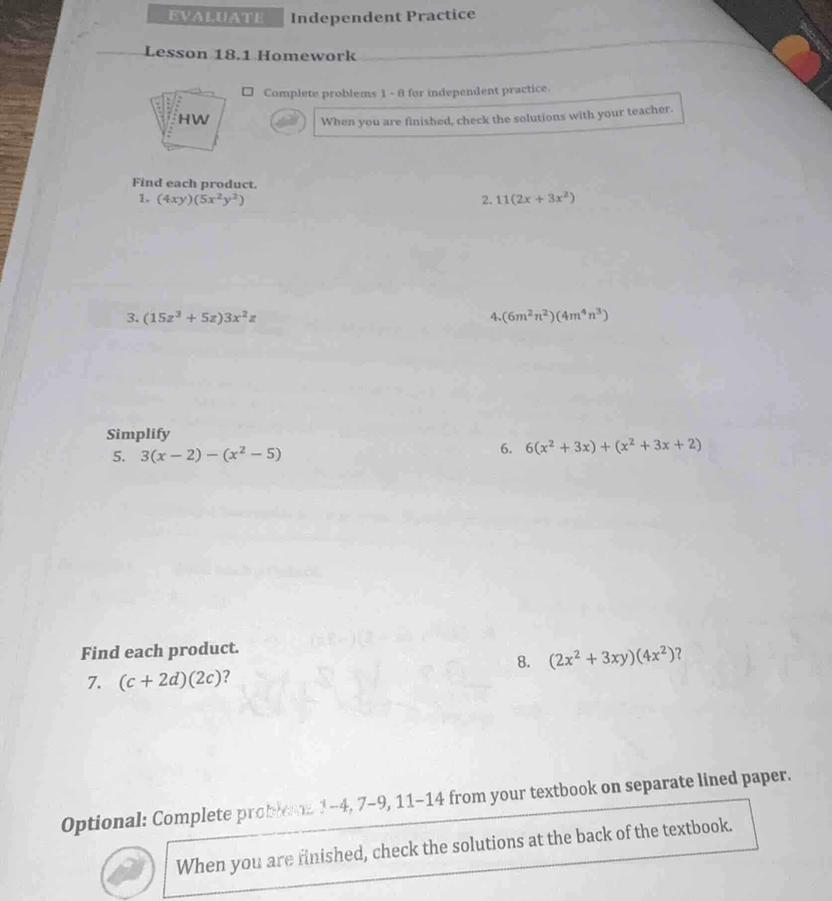 evaluate independent practice lesson 18.1 homework □ complete problems …