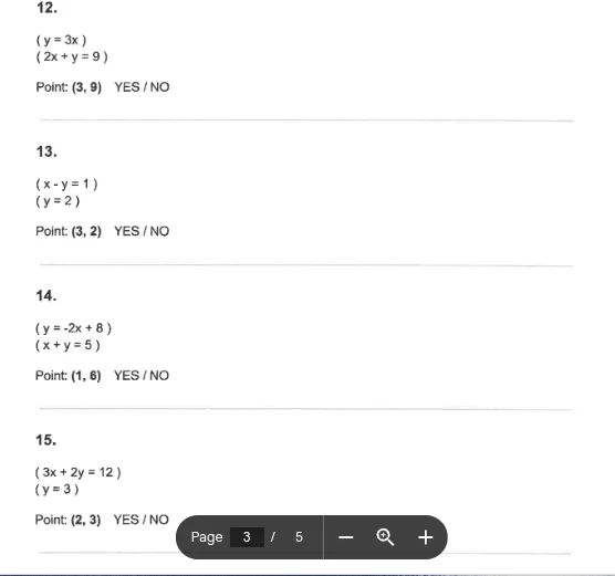 12.$\\begin{cases} y=3x \\\\ 2x + y = 9 \\end{cases}$point: (3,9) yes /…