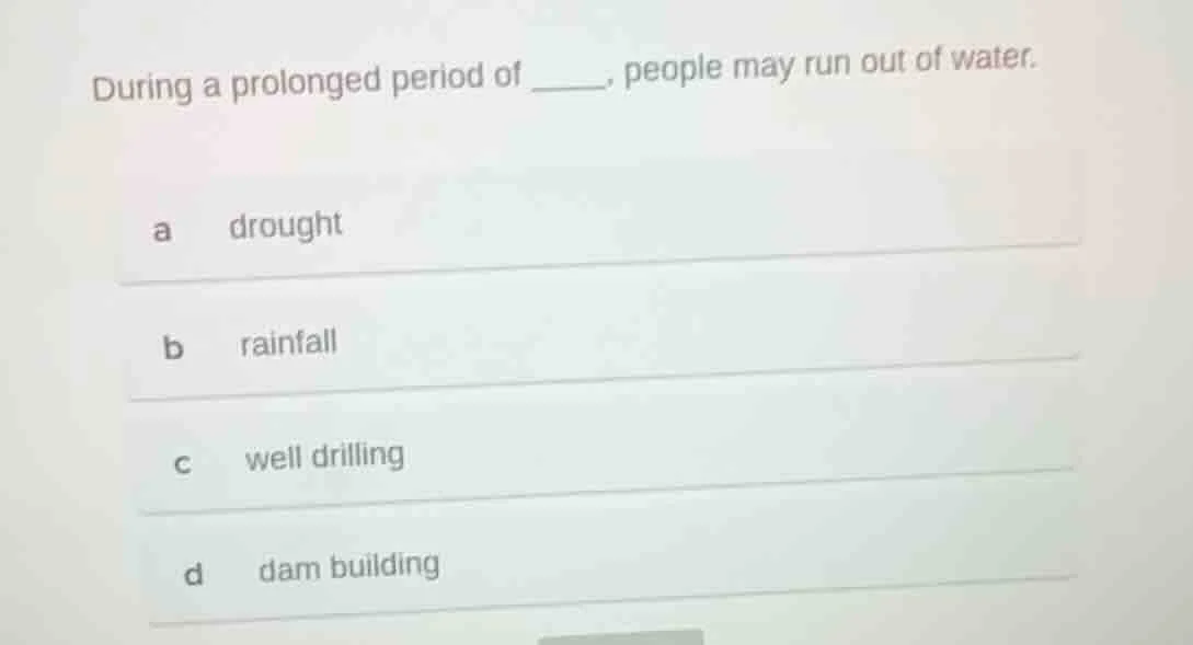 during a prolonged period of ______. people may run out of water. a dro…