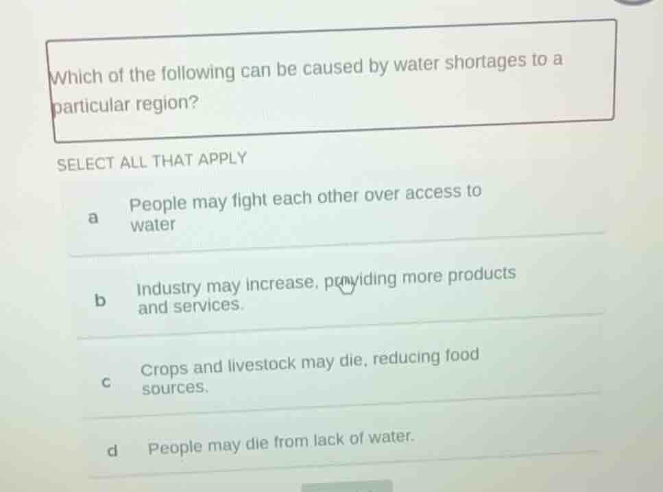 which of the following can be caused by water shortages to a particular…