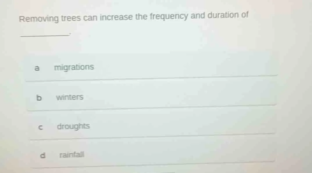 removing trees can increase the frequency and duration of ______. a mig…