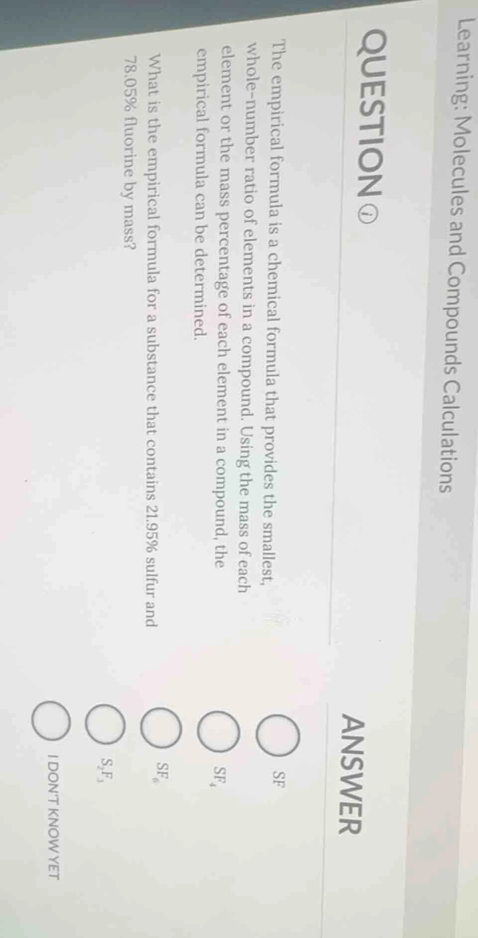 learning: molecules and compounds calculations question ⓘ the empirical…