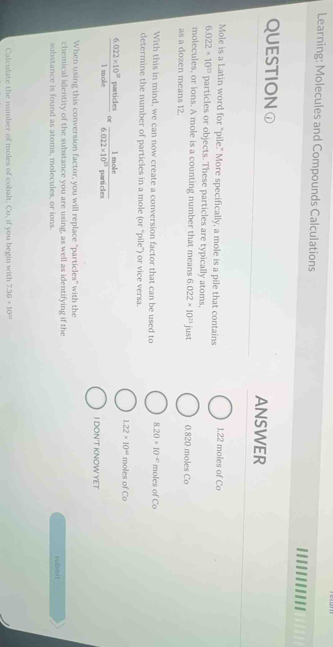 learning: molecules and compounds calculations question ⓘ mole is a lat…