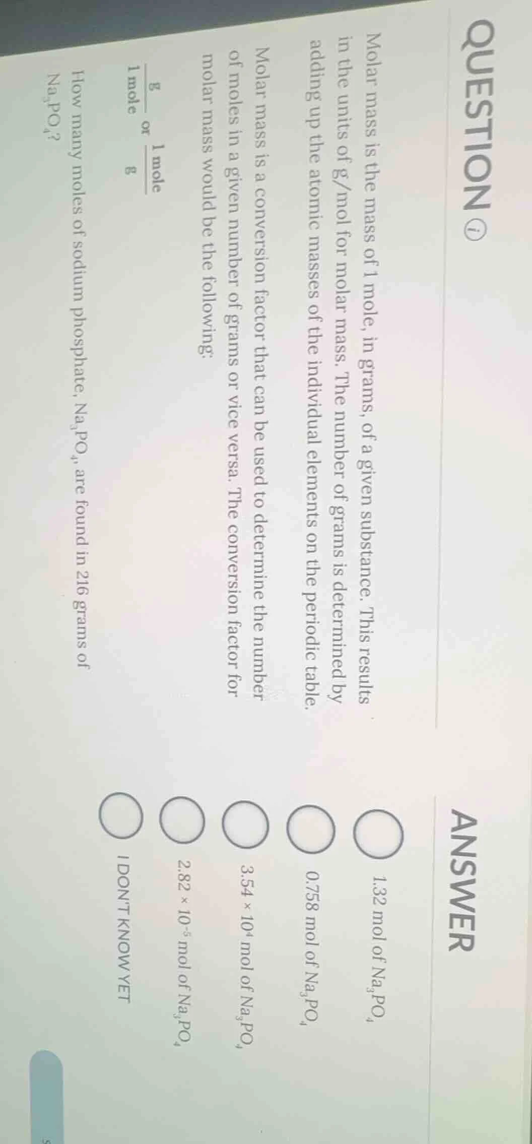 question ⓘ molar mass is the mass of 1 mole, in grams, of a given subst…