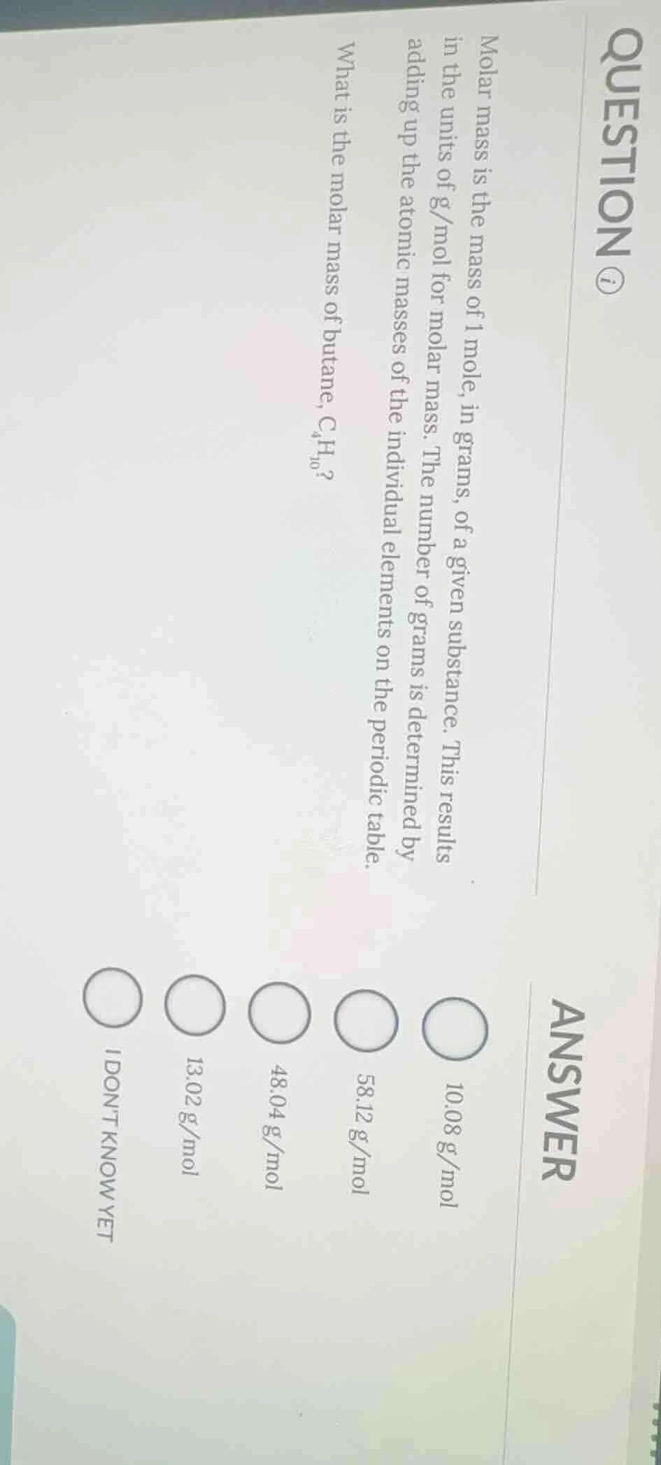 question ⓘ molar mass is the mass of 1 mole, in grams, of a given subst…