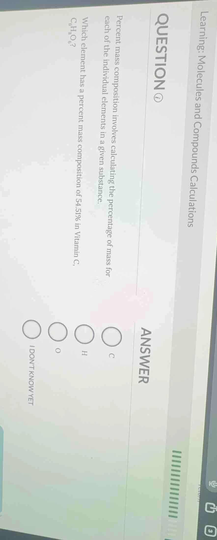 learning: molecules and compounds calculations question ⓘ percent mass …