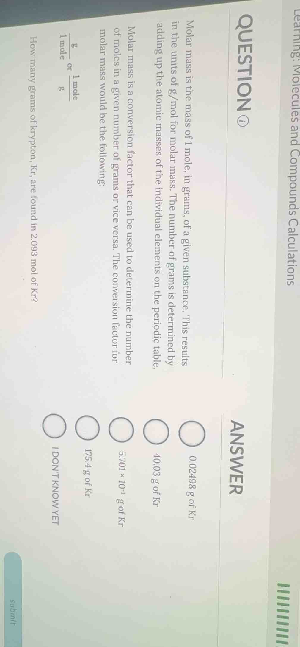 learning: molecules and compounds calculations question ⓘ molar mass is…