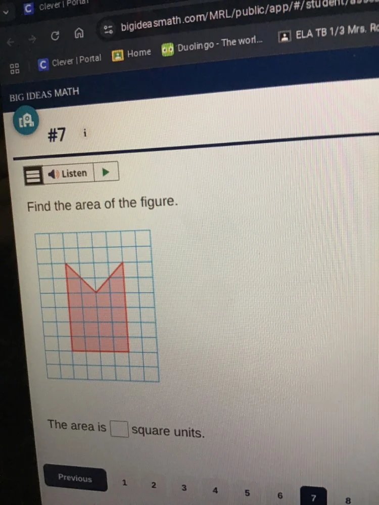 #7 listen find the area of the figure. the area is $square$ square unit…