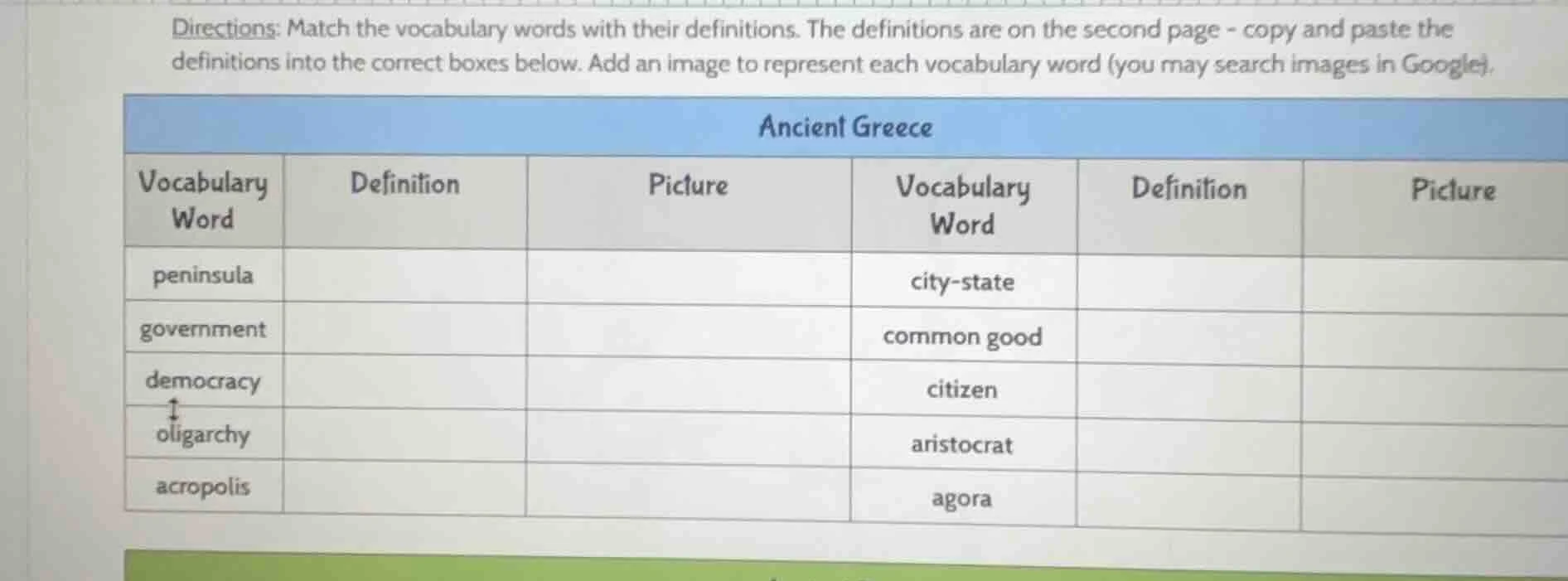 directions: match the vocabulary words with their definitions. the defi…