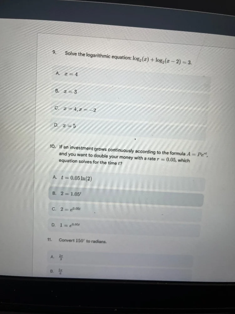 9. solve the logarithmic equation: $log_{2}(x) + log_{2}(x - 2) = 3$. a…