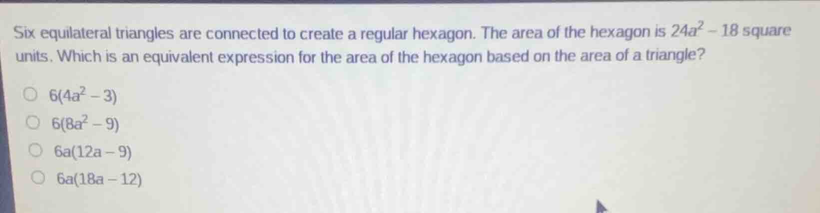six equilateral triangles are connected to create a regular hexagon. th…