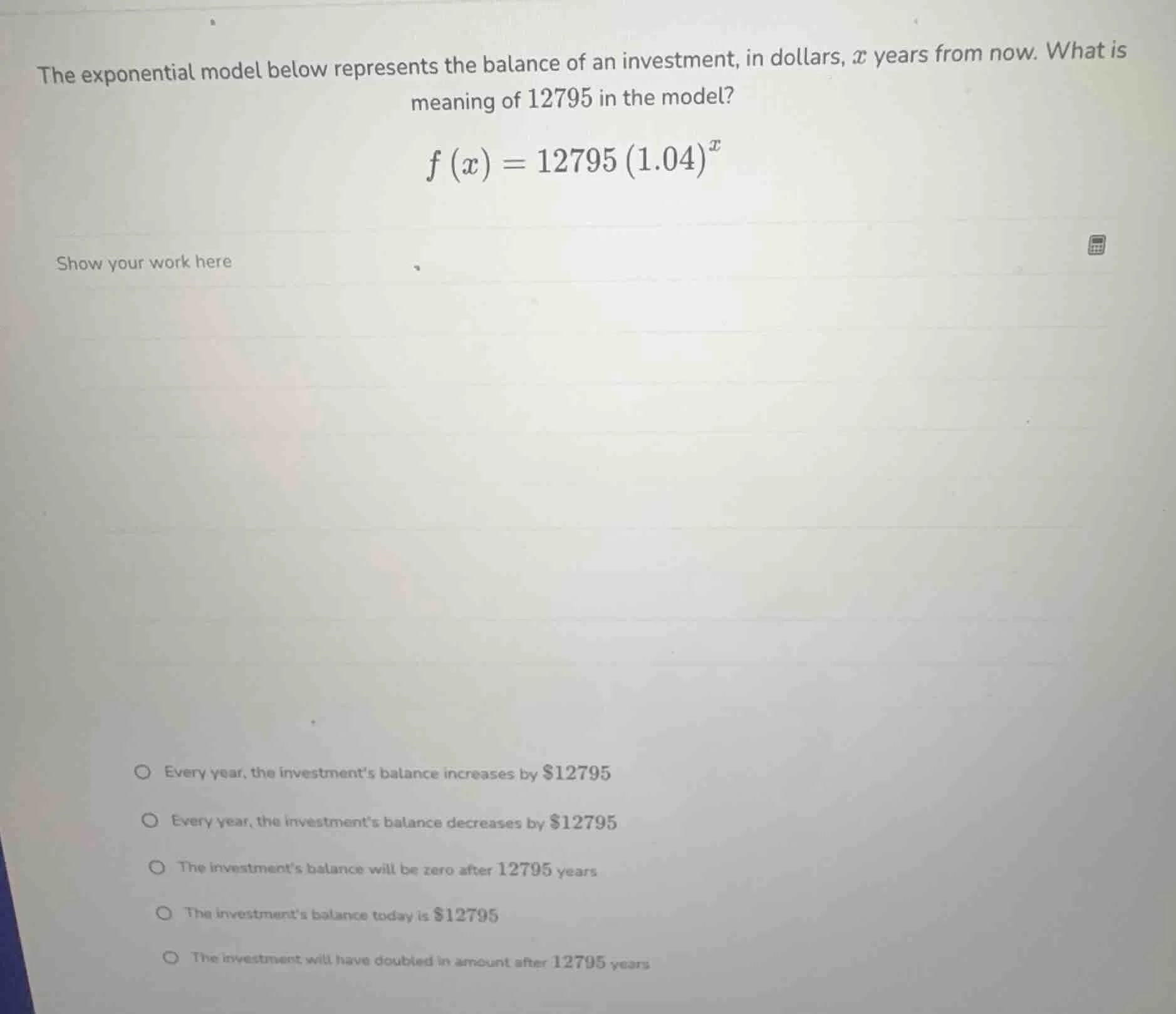 the exponential model below represents the balance of an investment, in…