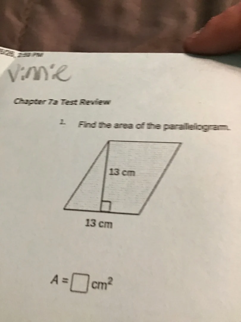 chapter 7a test review 1. find the area of the parallelogram. $a = \\sq…