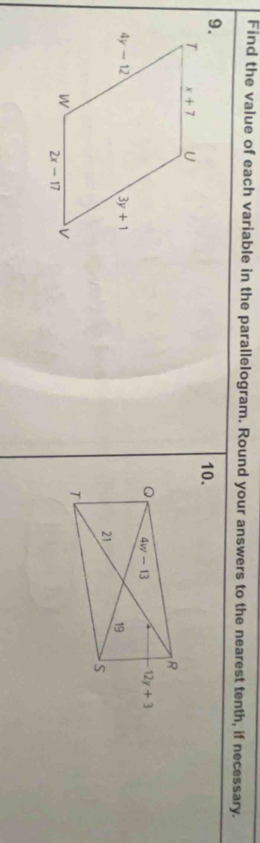 find the value of each variable in the parallelogram. round your answer…