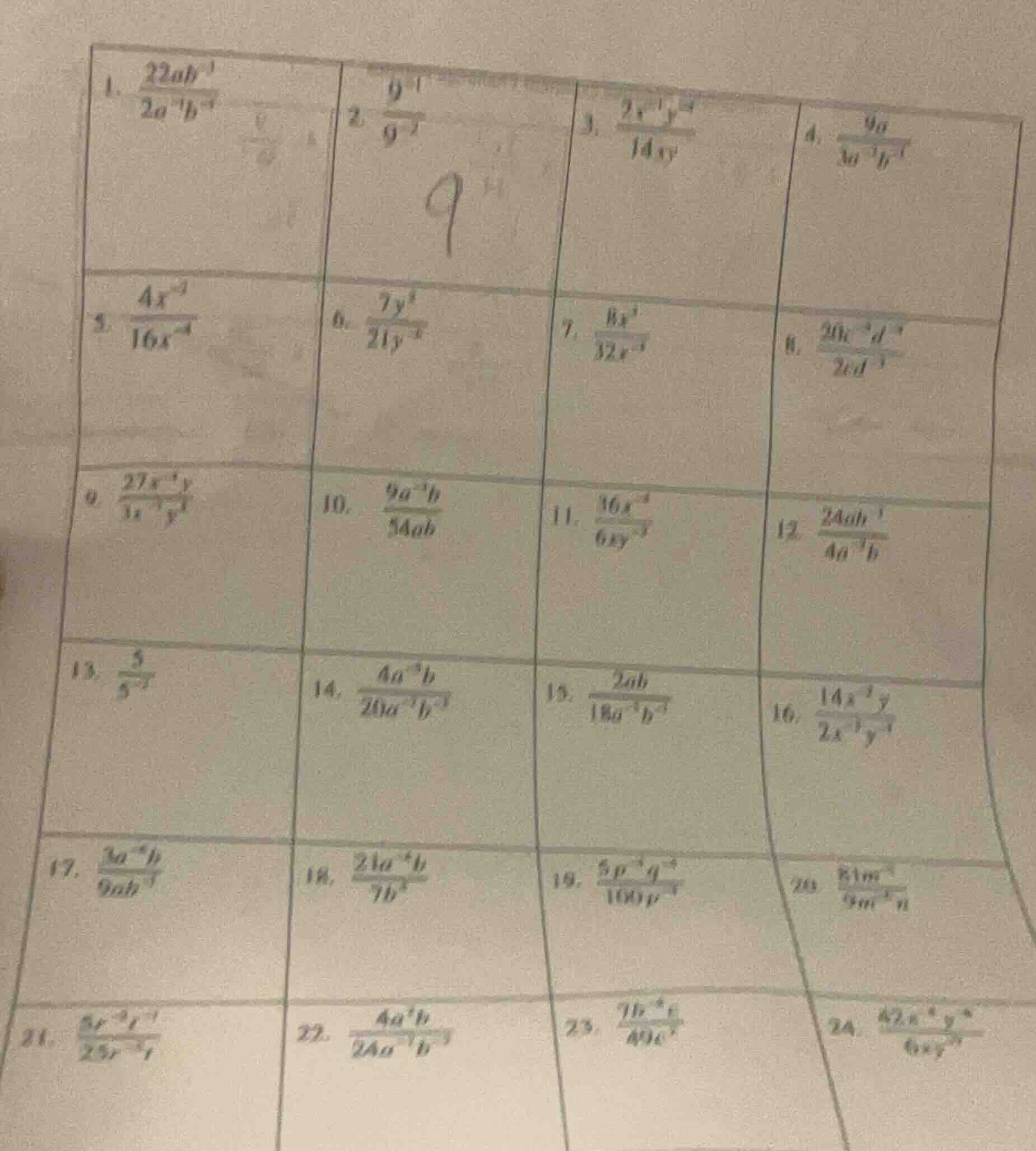 1. $\frac{22ab^{-1}}{2a^{-1}b^{-1}}$2. $\frac{9^{-1}}{9^{-2}}$3. $\frac…
