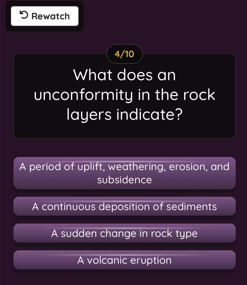 4/10 what does an unconformity in the rock layers indicate? a period of…