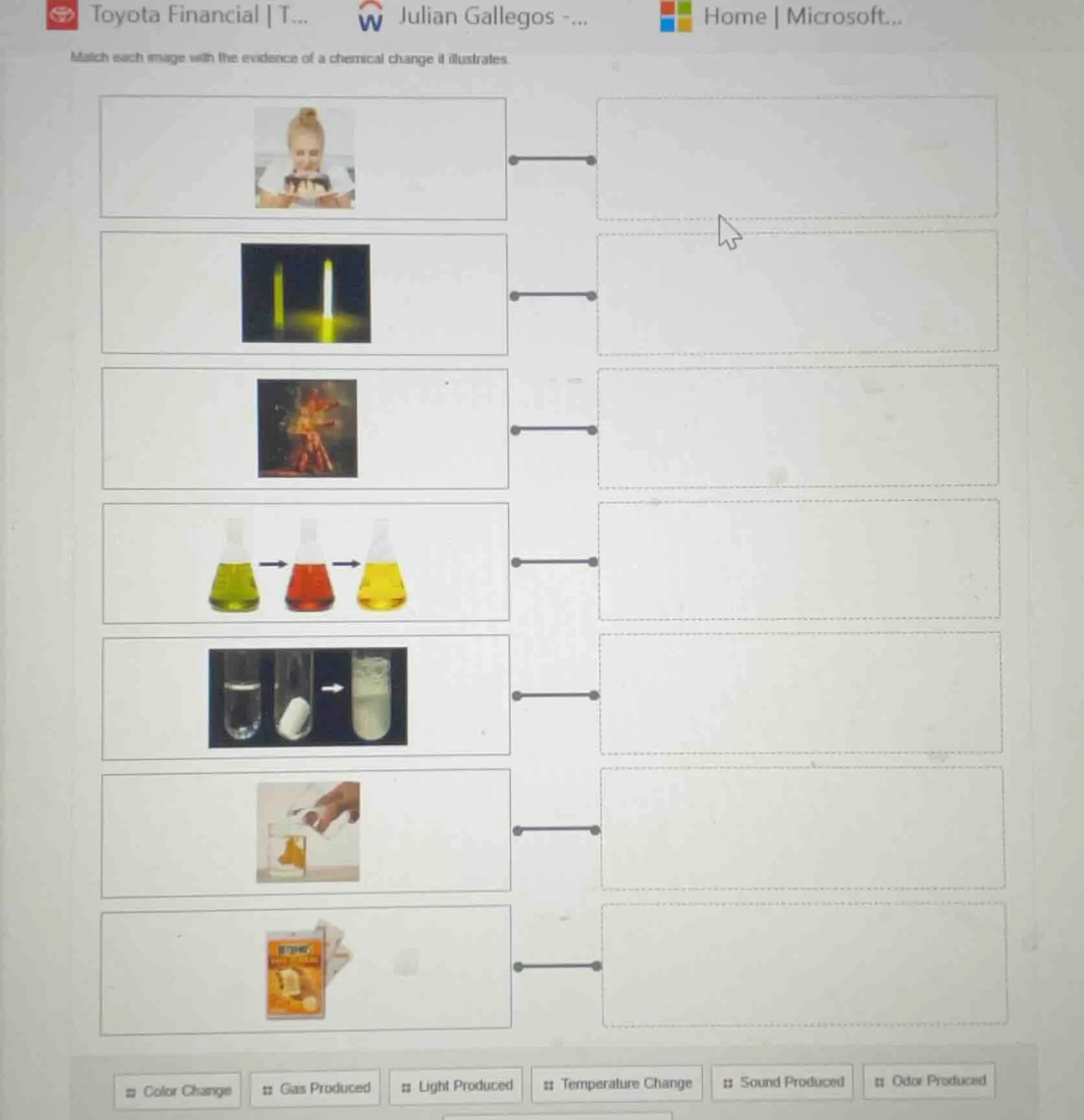 match each image with the evidence of a chemical change it illustrates.…