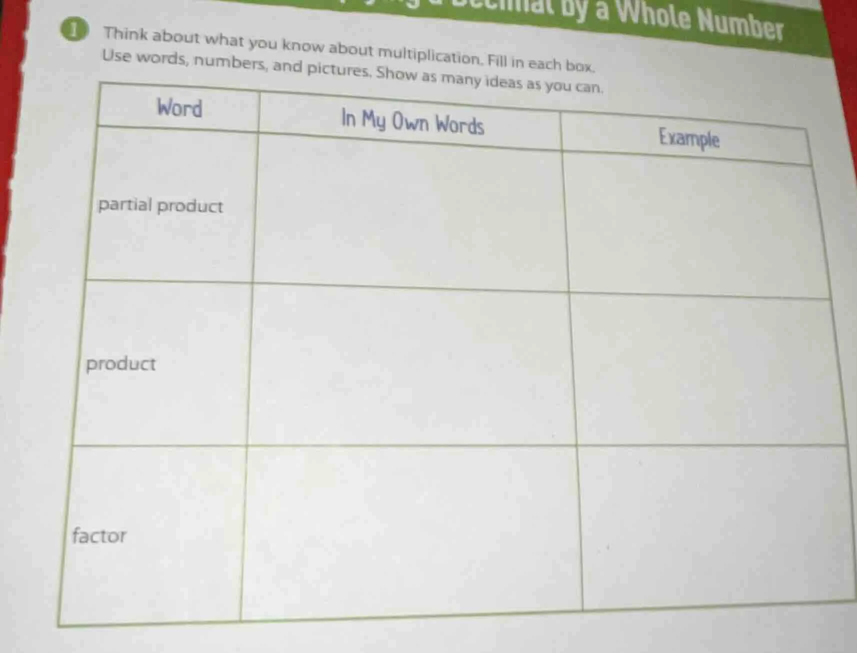 1 think about what you know about multiplication. fill in each box. use…