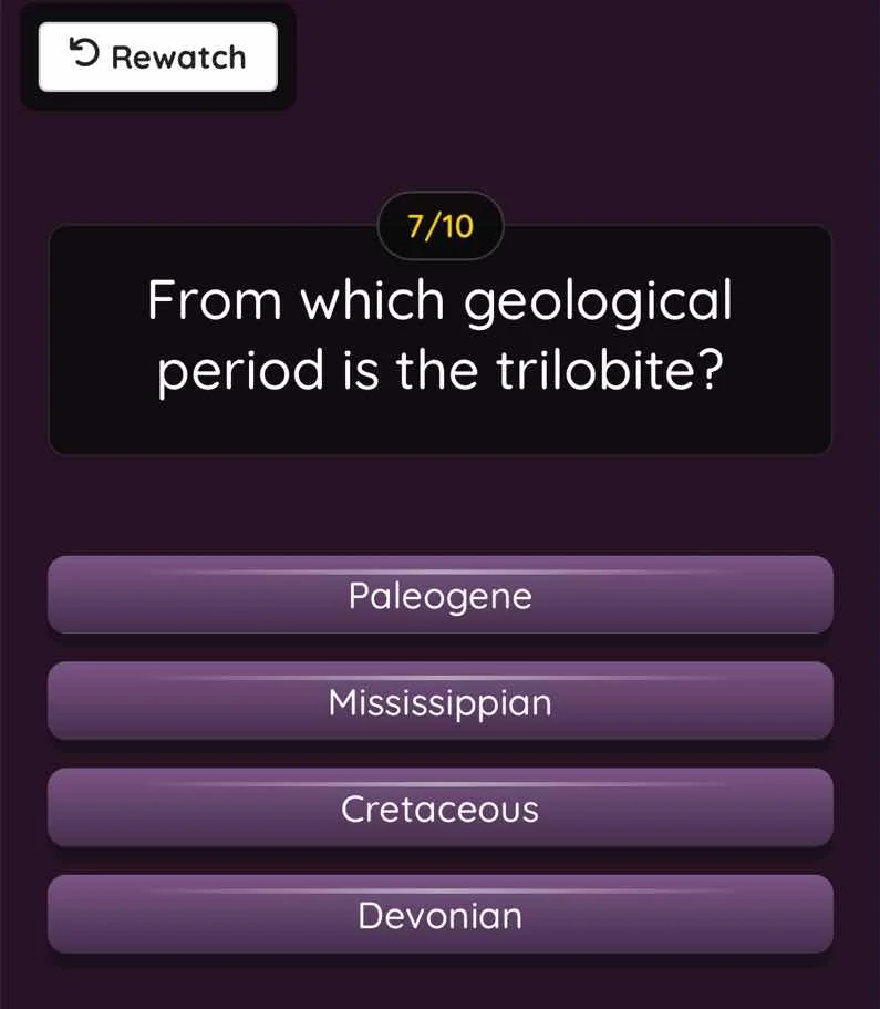 7/10 from which geological period is the trilobite? paleogene mississip…