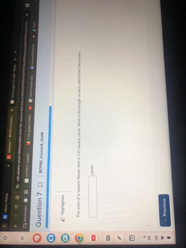 question 7 the area of a square flower bed is 1.21 square yards. what i…