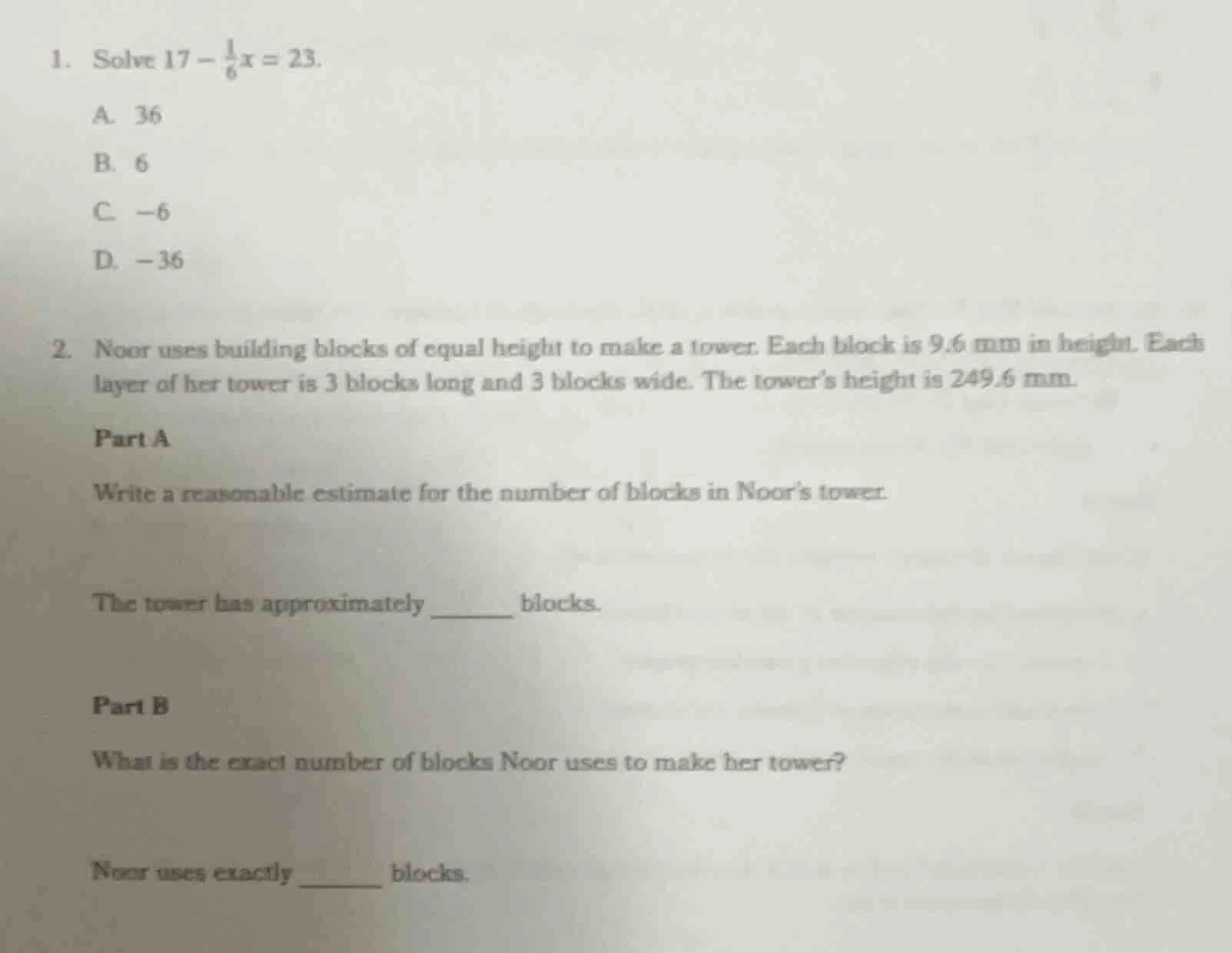 1. solve $17 - \\frac{1}{6}x = 23$. a. 36 b. 6 c. $-6$ d. $-36$ 2. noor…