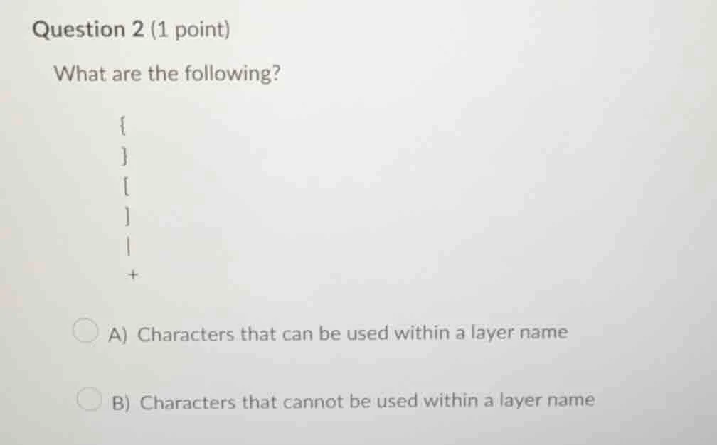 question 2 (1 point) what are the following? { } | + a) characters that…