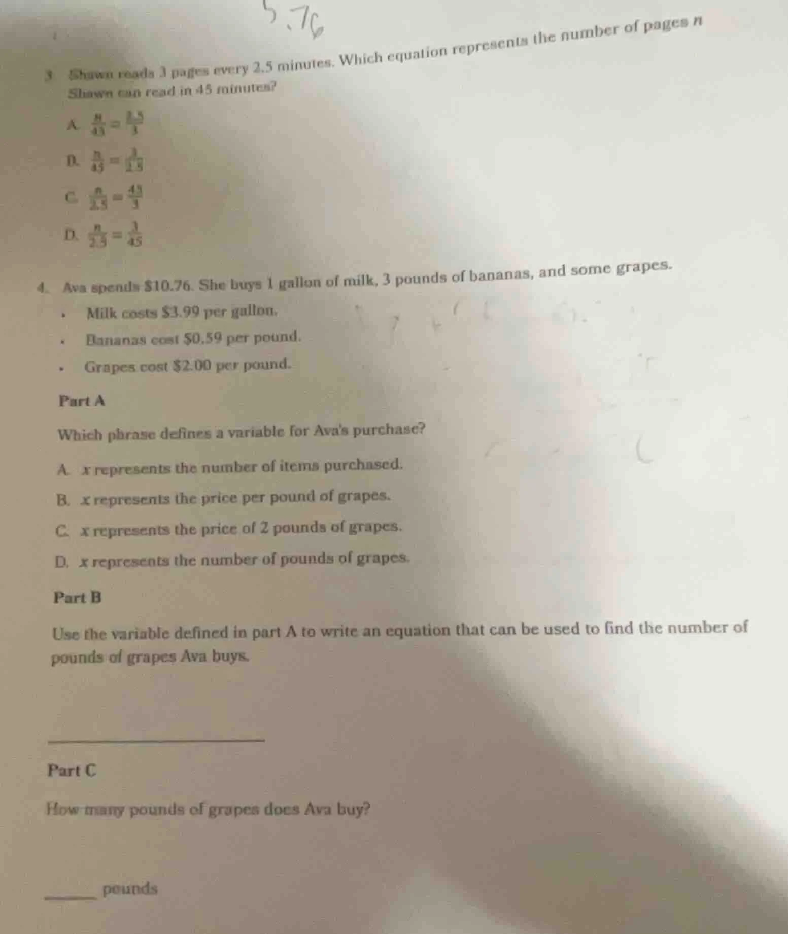 3. shawn reads 3 pages every 2.5 minutes. which equation represents the…