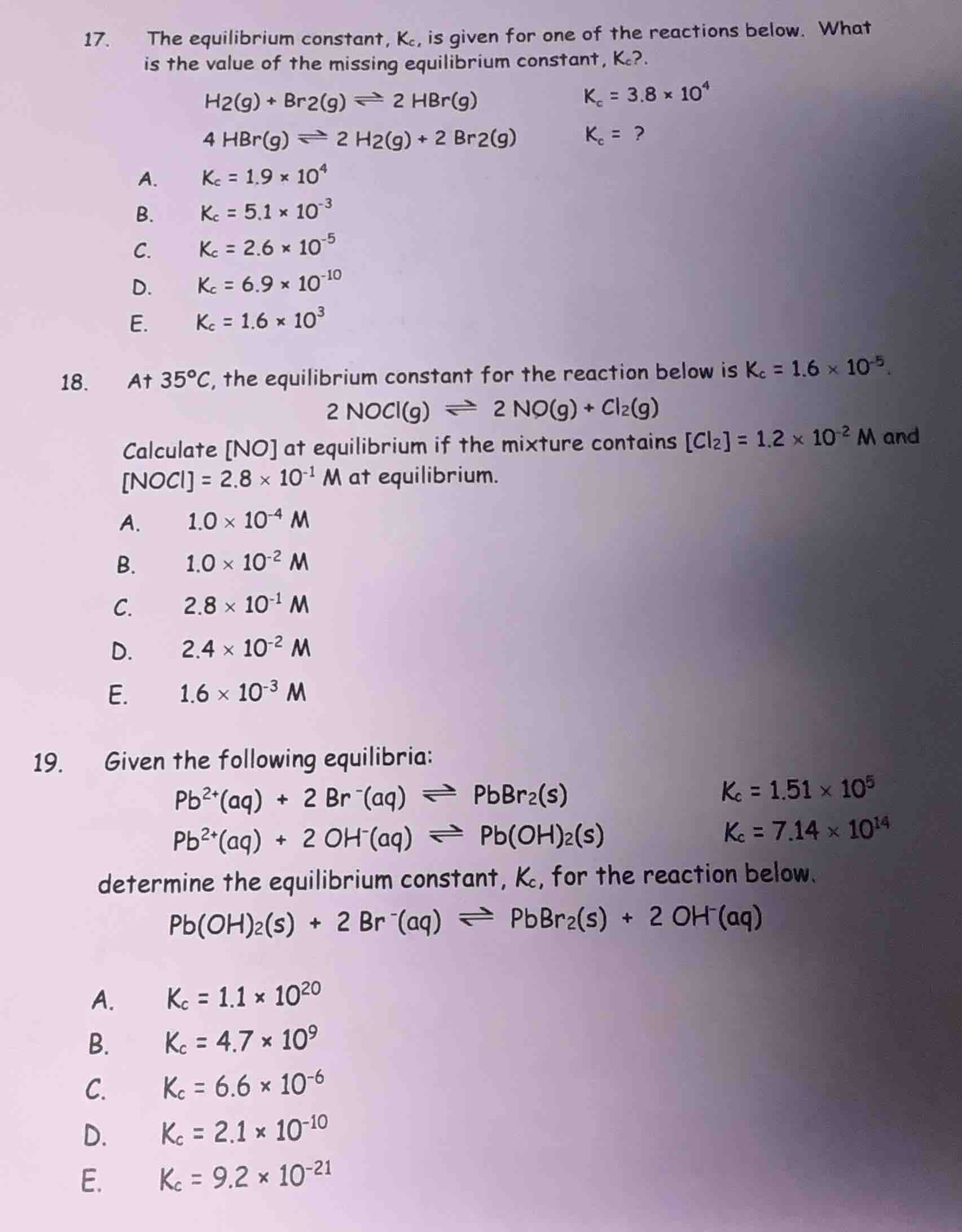 17. the equilibrium constant, $k_c$, is given for one of the reactions …