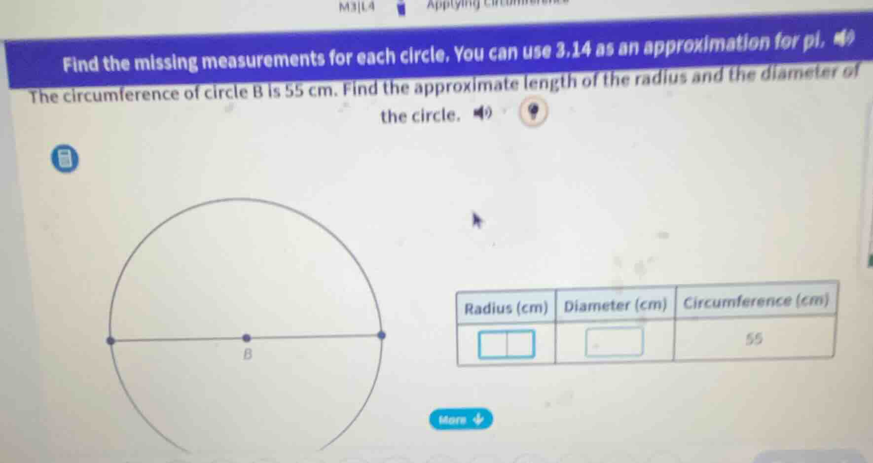m3|l4 find the missing measurements for each circle. you can use 3.14 a…