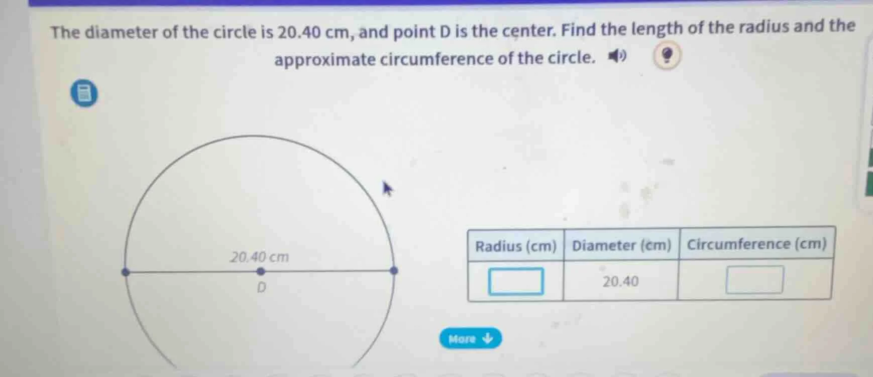 the diameter of the circle is 20.40 cm, and point d is the center. find…