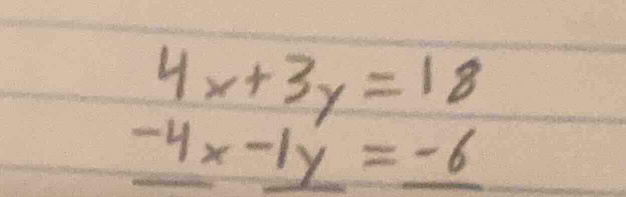 $4x + 3y = 18$ $-4x - 1y = -6$