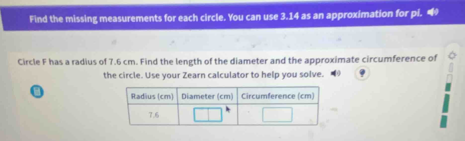 find the missing measurements for each circle. you can use 3.14 as an a…