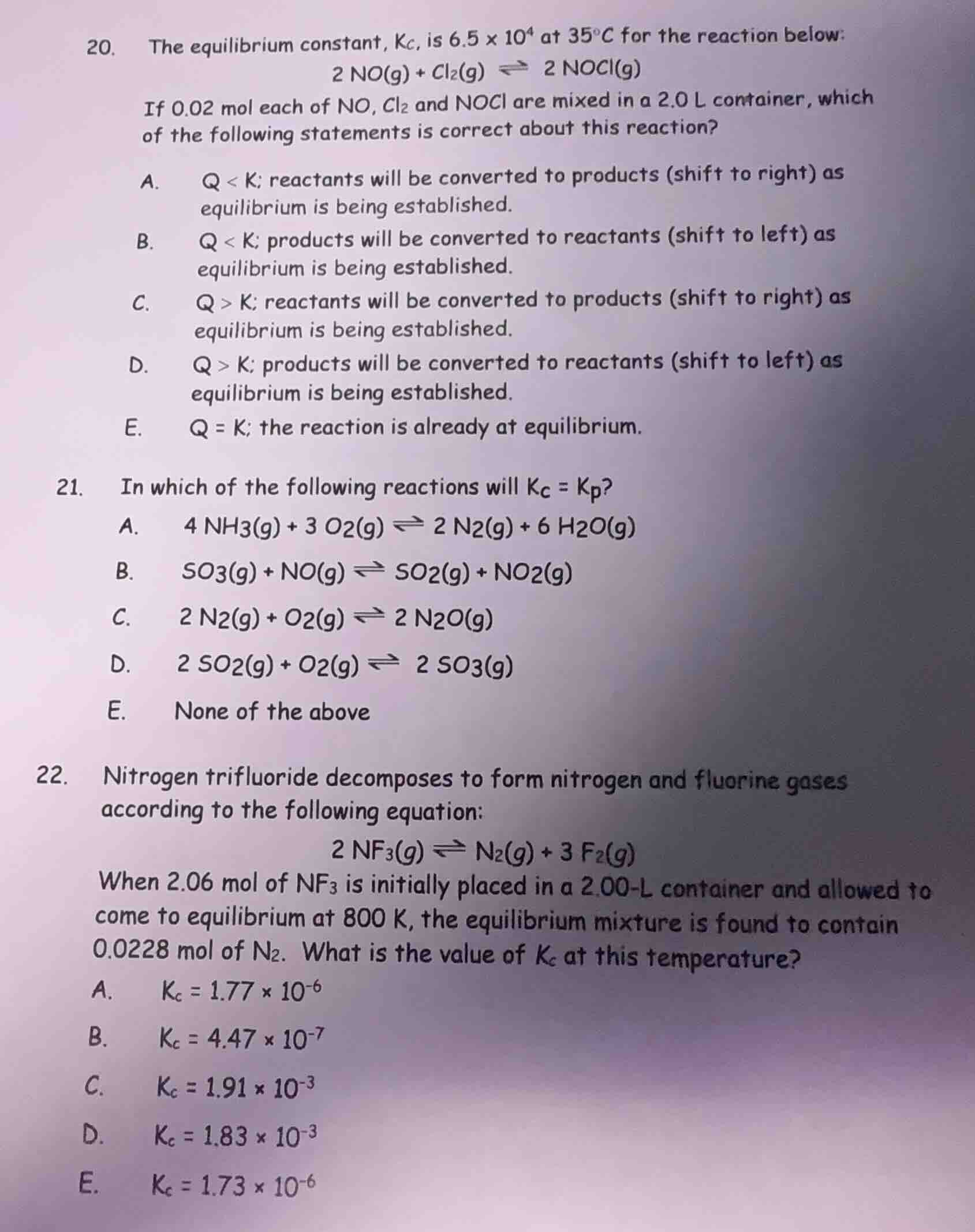 20. the equilibrium constant, $k_c$, is $6.5 \\times 10^4$ at $35^\\cir…